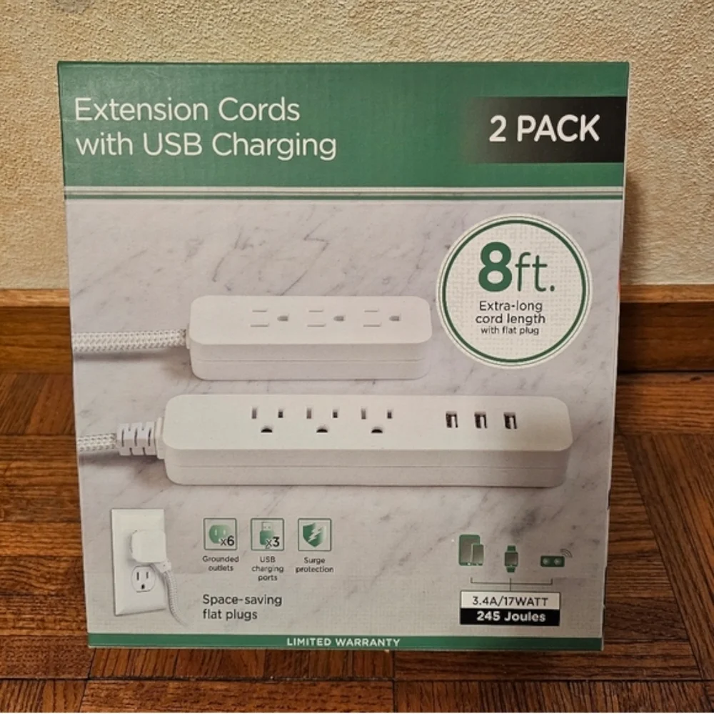 Jasco 2 Pack Extension Cords with USB Charging 8 Ft Extra Long 6 Outlets 3 USB